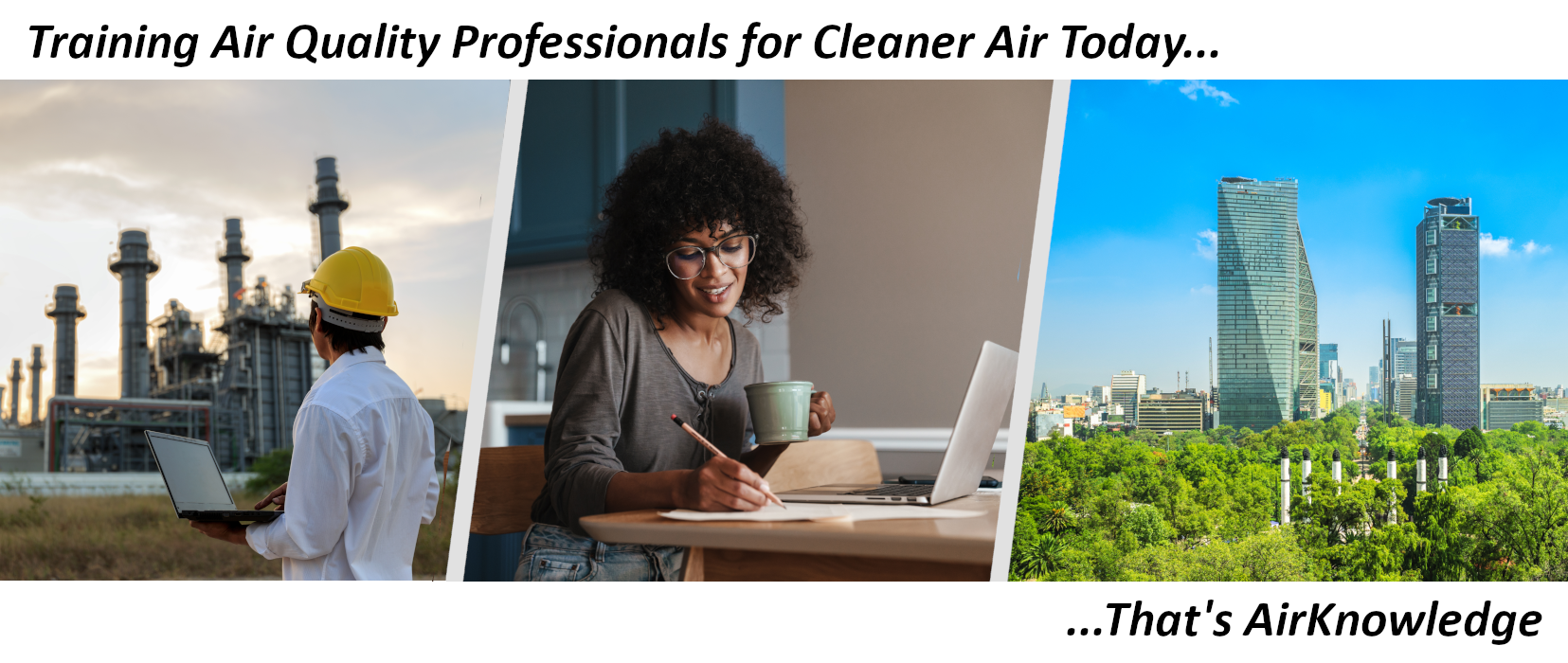 Factory worker with a laptop, woman on a computer taking online training, aerial veiw of a city.